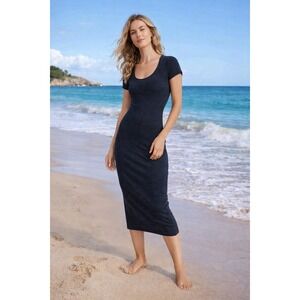 Marine Layer Lexi Ribbed Midi Dress Scoop Striped Black Blue Medium Prep Coastal
